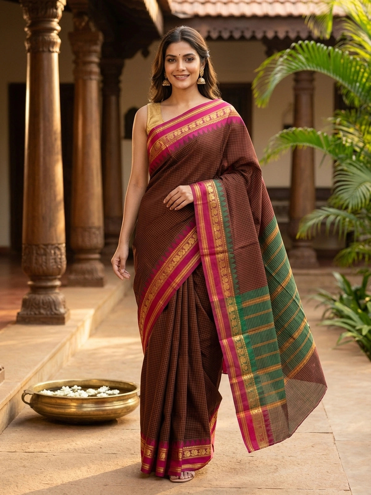 Maroon Chettinad cotton saree with fine checks, pink gold zari border and green striped pallu