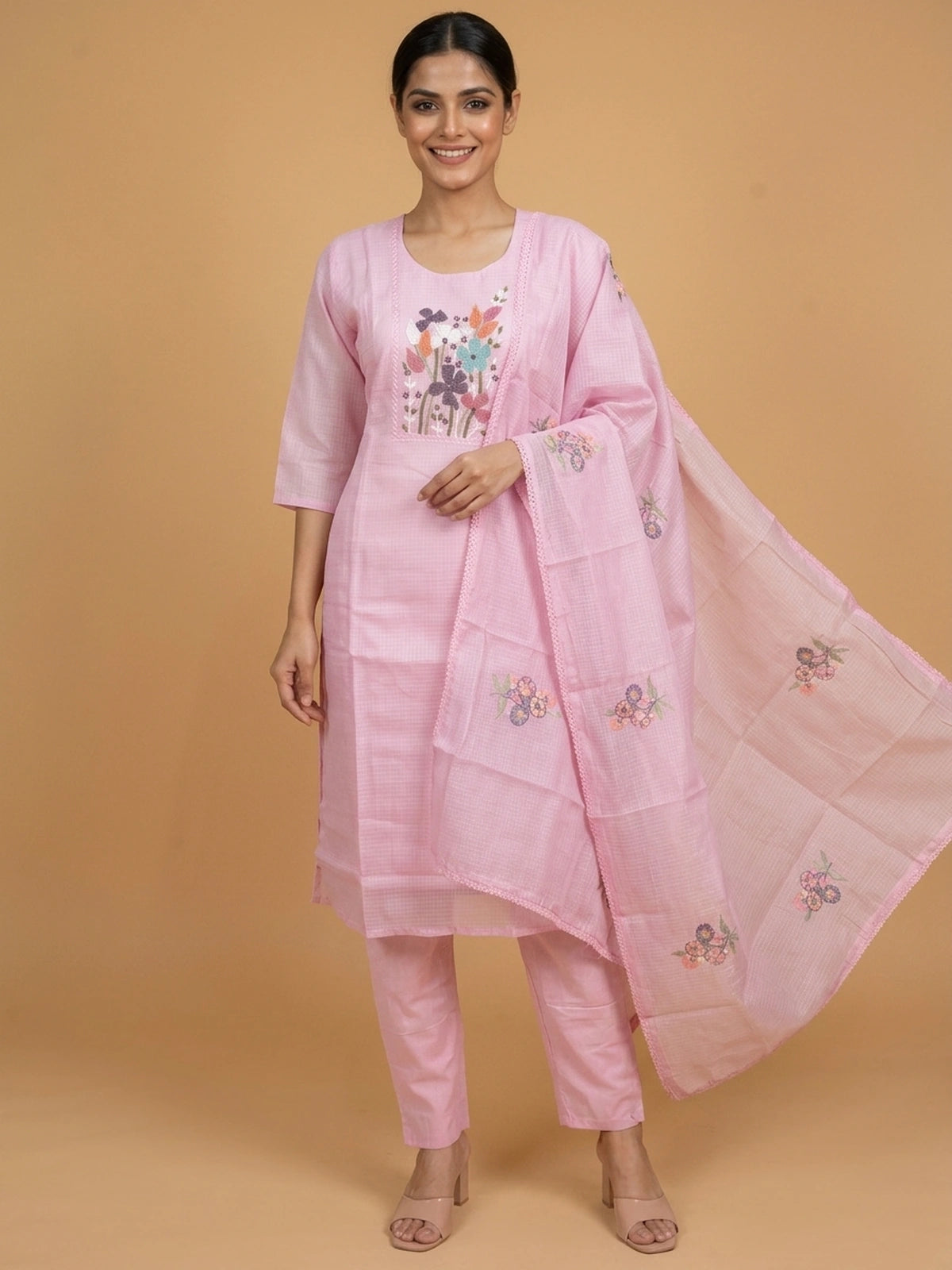 Pink Kota cotton straight cut kurti set with multicolour floral beadwork and matching dupatta