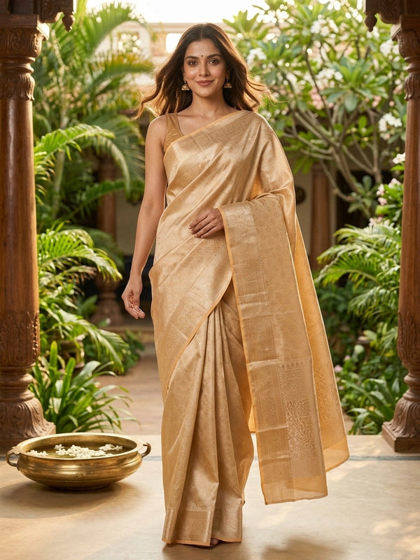Gold and beige pure Kanchipuram silk saree with all-over gold zari weave and broad floral border