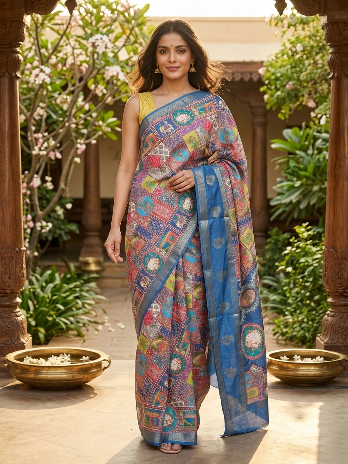 Multicolour and Blue Dola Silk Saree