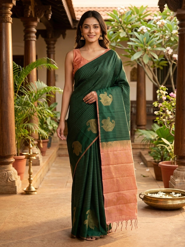 Dark green Kanchipuram pure mix saree with gold zari checks and contrast peach zari border and pallu