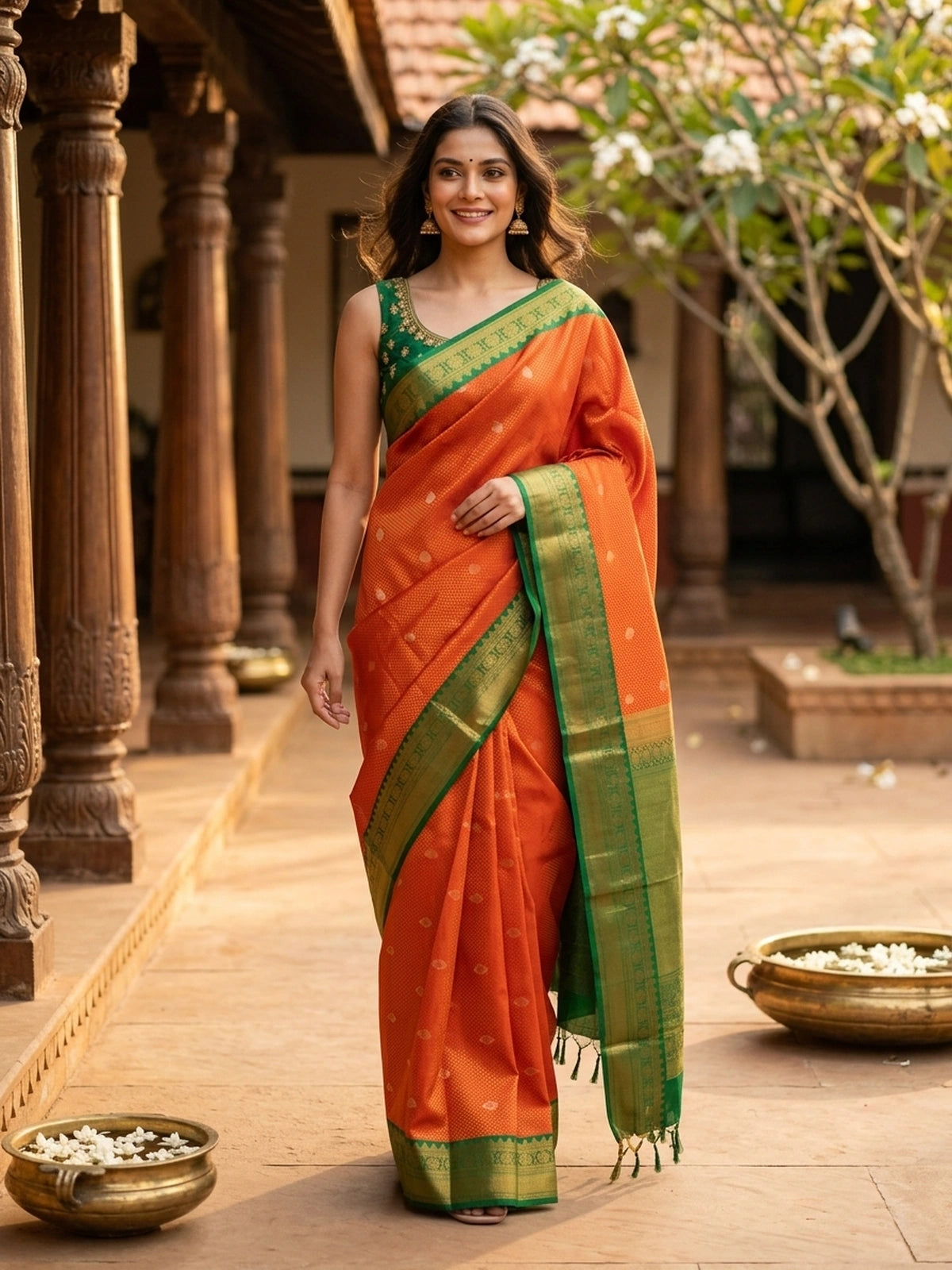 Orange Kanchipuram fancy silk saree with contrast green gold zari border and pallu