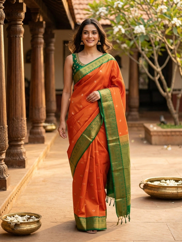 Orange Kanchipuram fancy silk saree with contrast green gold zari border and pallu