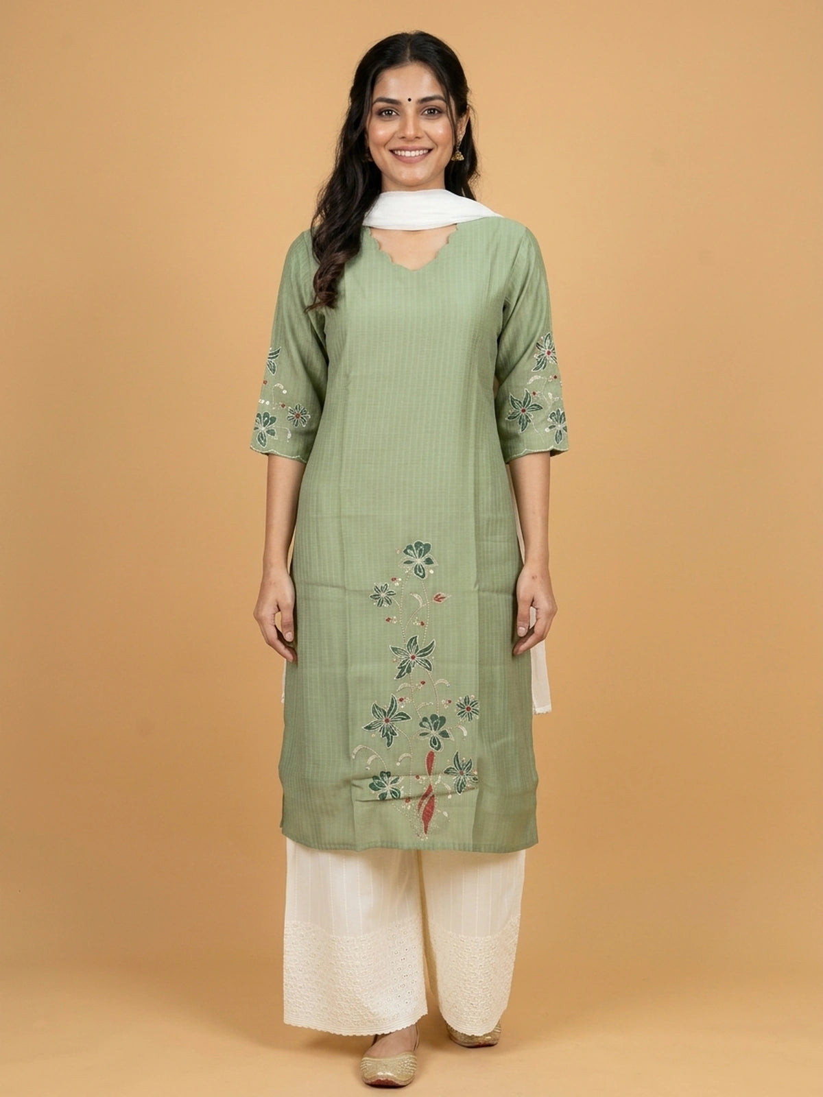 Sage Green floral embroidered cotton silk Anarkali kurti top with 3/4 sleeves and scalloped neckline
