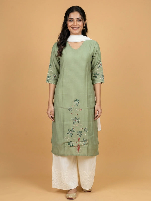 Sage Green floral embroidered cotton silk Anarkali kurti top with 3/4 sleeves and scalloped neckline