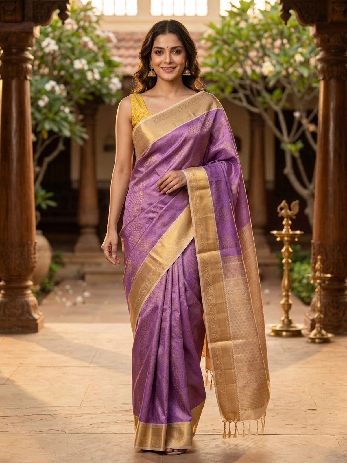 Lavender purple Kanchipuram fancy silk saree with contrast cream-gold zari border and woven pallu