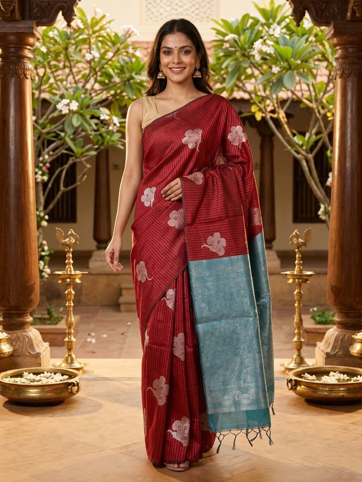 Maroon and Teal Blue Silk Cotton Saree
