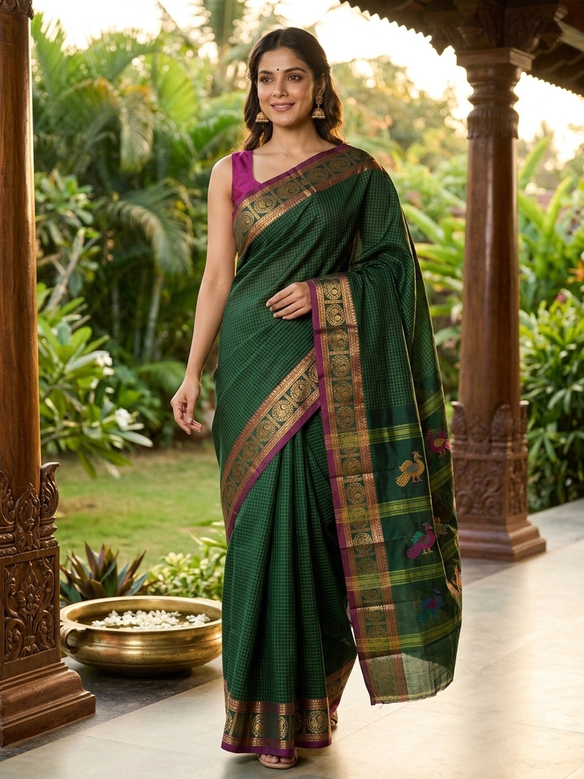 Green Chettinad cotton saree with yellow checks and a magenta gold zari peacock border