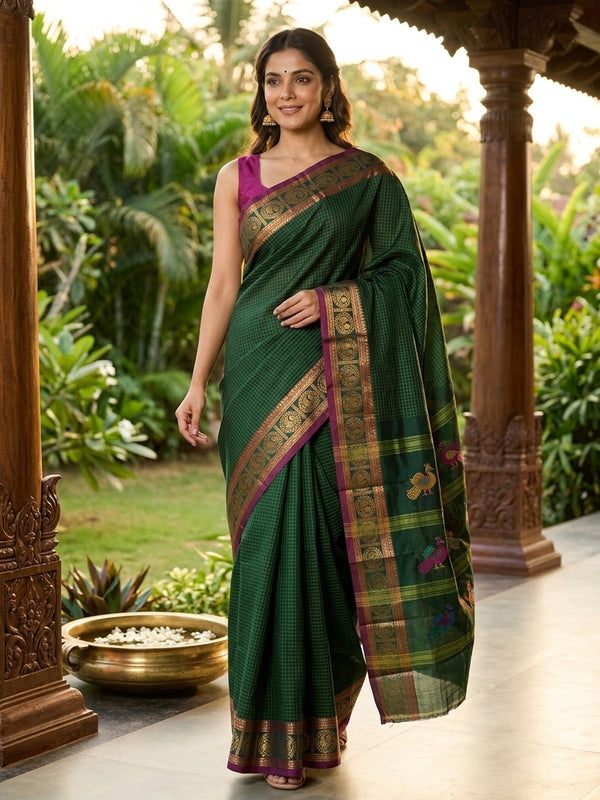Green Chettinad cotton saree with yellow checks and a magenta gold zari peacock border