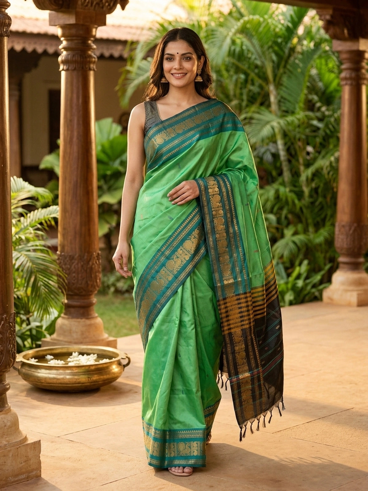 Green Banana Silk saree with teal gold zari peacock border and black striped pallu
