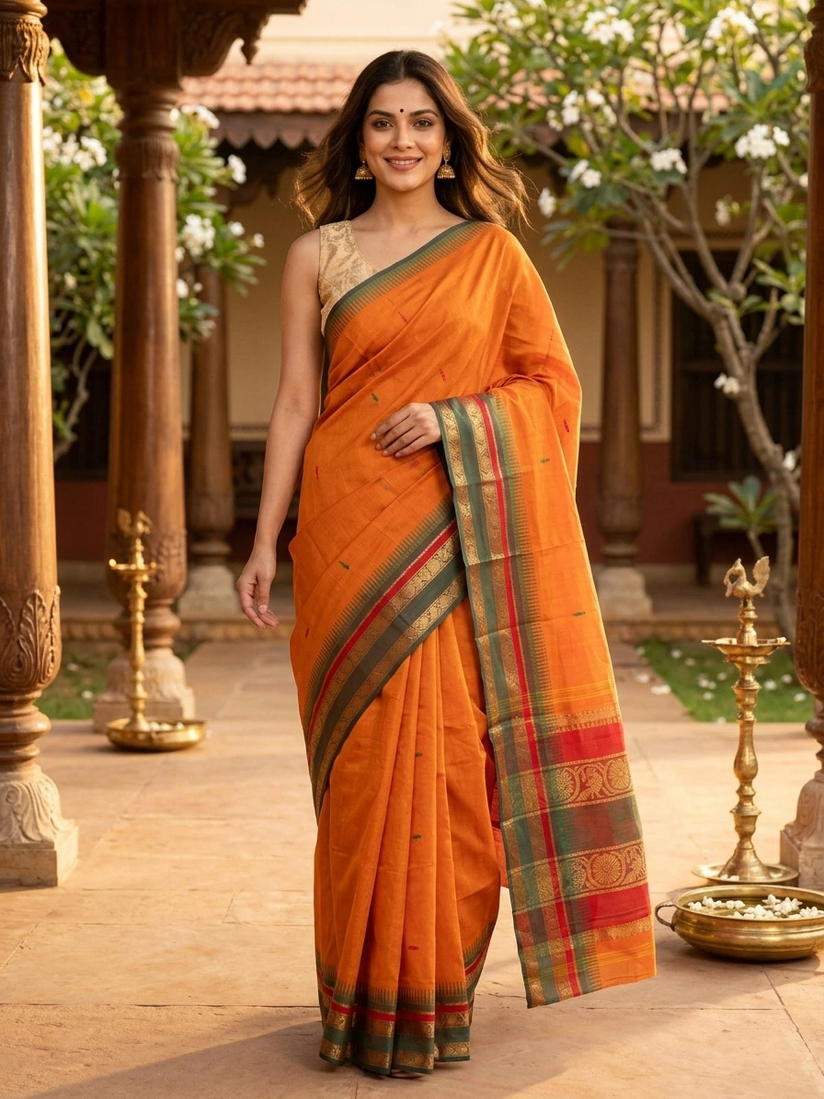 Orange Chettinad cotton saree with contrast green and gold zari border and woven buttas