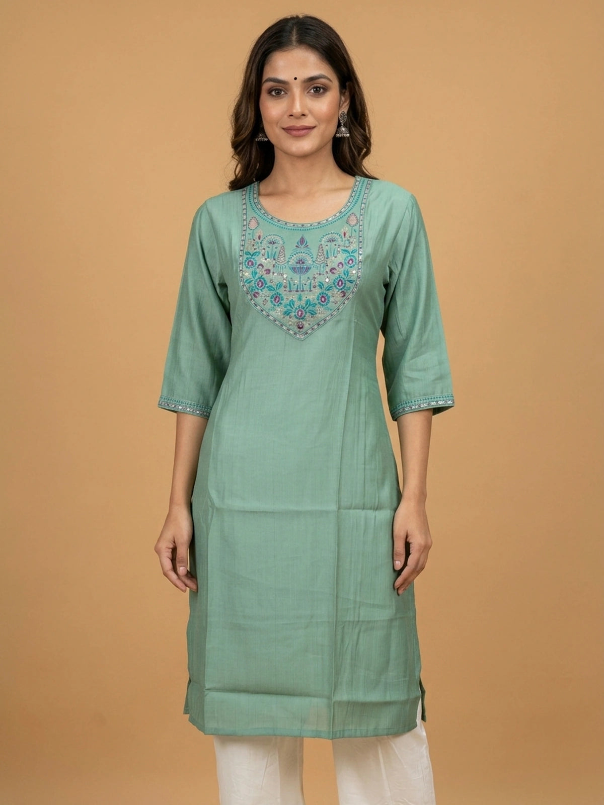 Sea Green embroidered yoke straight cut kurti top with 3/4th sleeves
