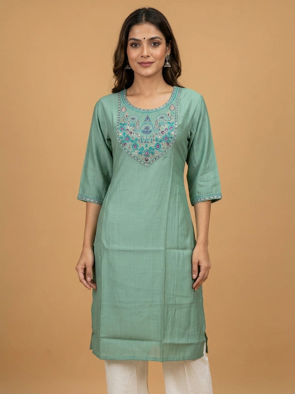 Sea Green embroidered yoke straight cut kurti top with 3/4th sleeves