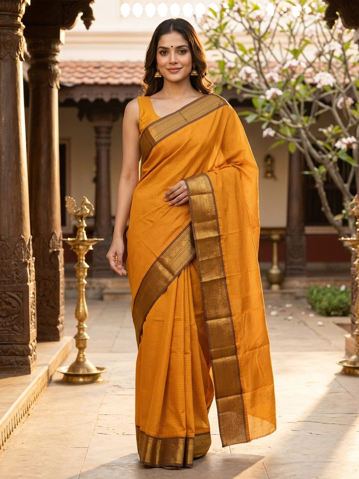 Mustard yellow Chettinad cotton saree with woven checks and contrast olive-brown gold zari border
