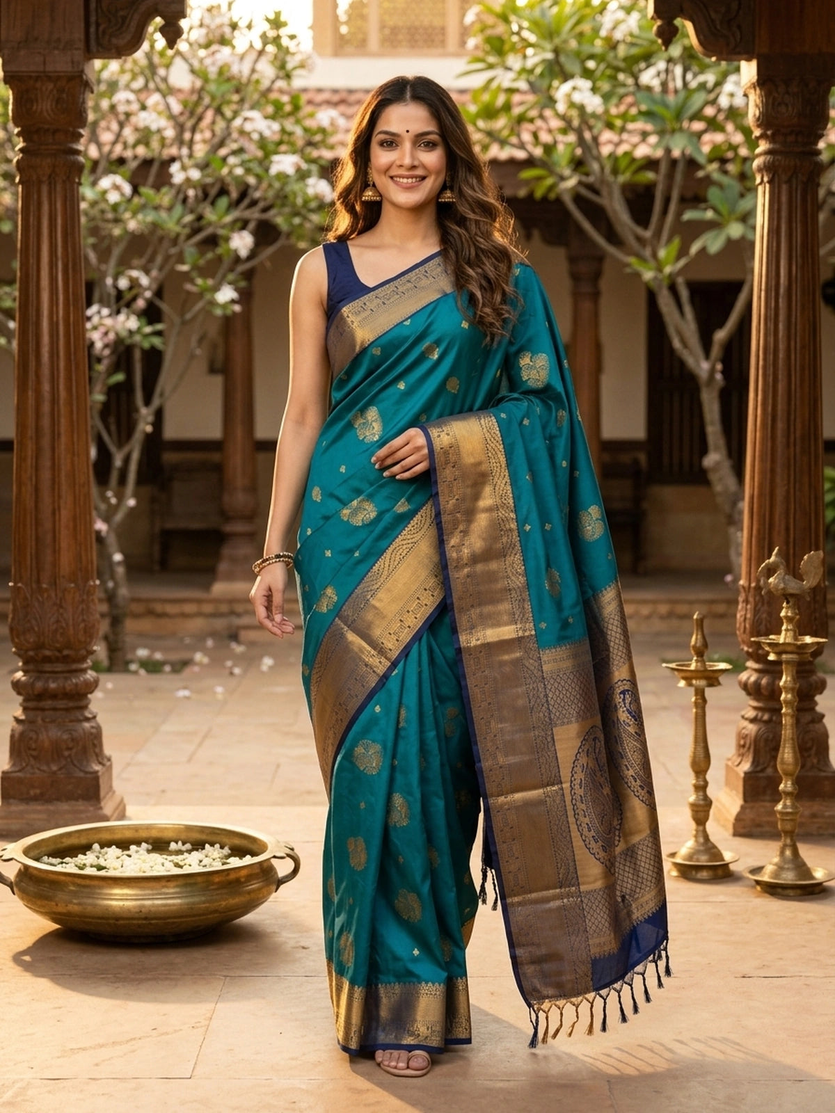 Peacock teal Kanchipuram Fancy Silk saree with contrast navy border and gold zari paisley pallu