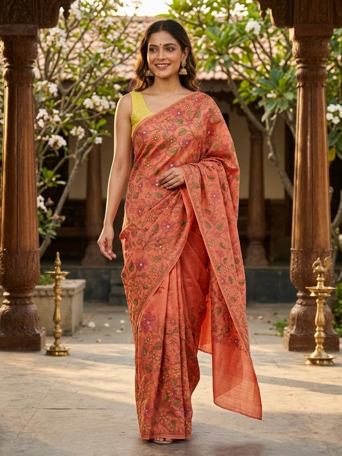 Coral art silk designer saree with multicolour allover floral embroidery and paisley border