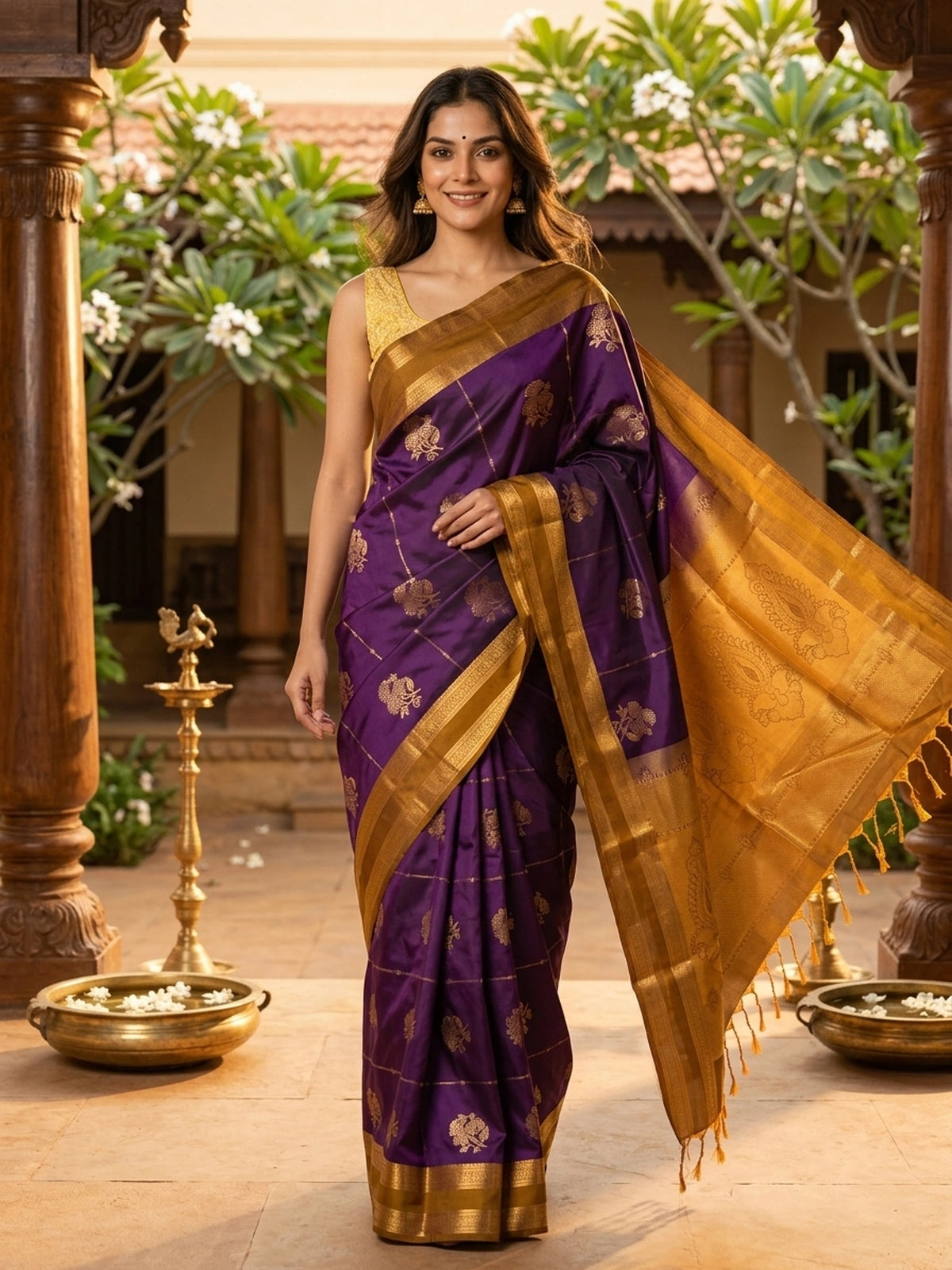 Purple Kanchipuram fancy silk saree with mustard-gold zari border, floral buttas and paisley pallu
