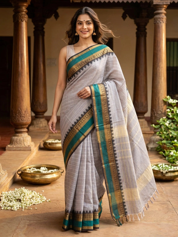 Grey Chettinad cotton saree with white checks and contrast green gold zari temple border