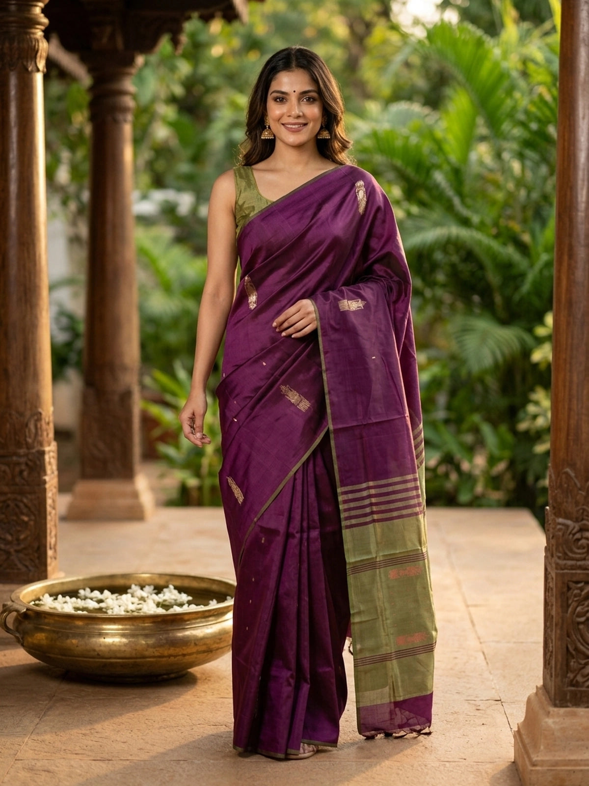 Purple banana silk saree with contrast green zari border and striped pallu