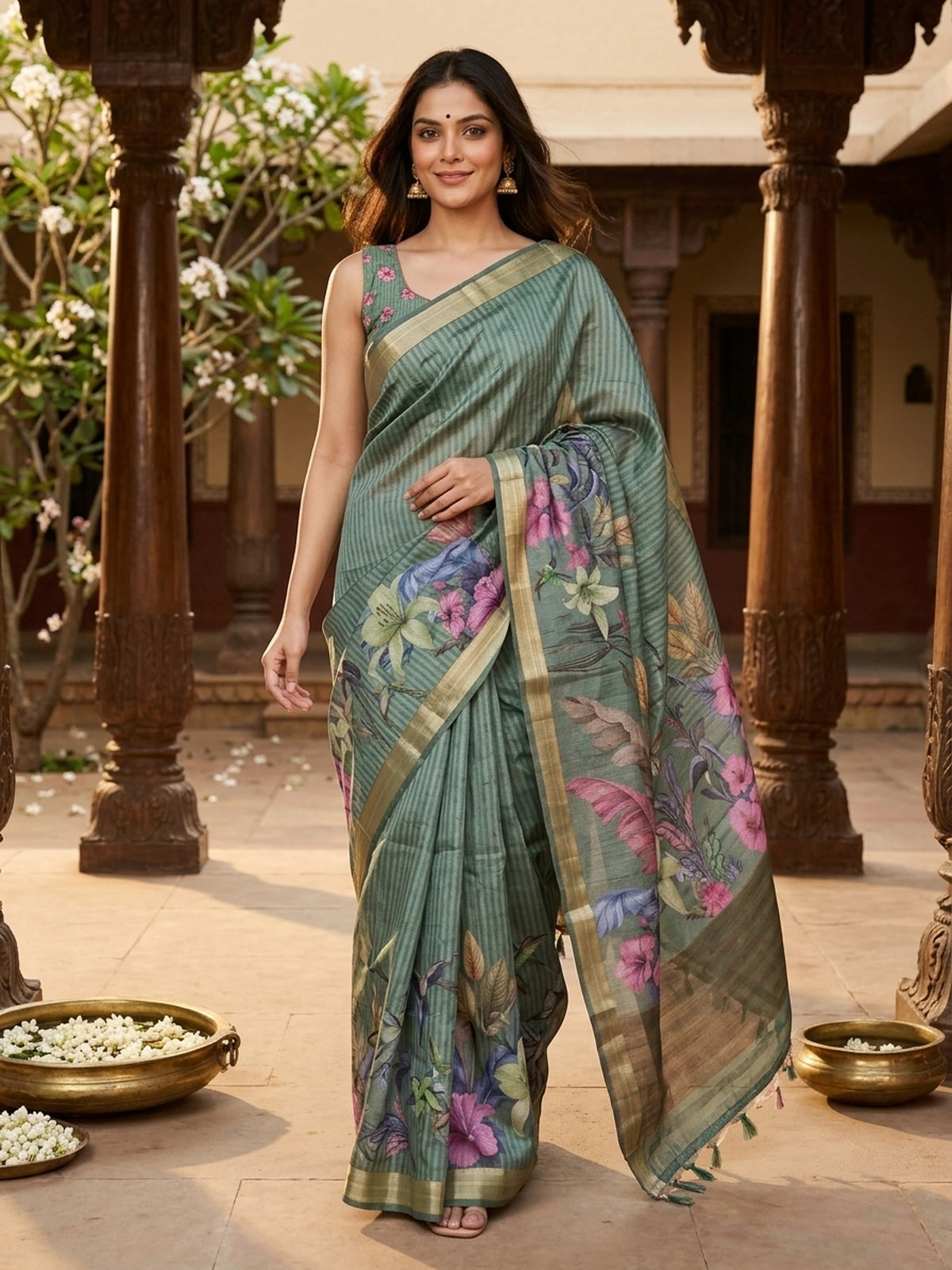 Sage green semi tussar saree with tropical floral print pallu and gold zari border