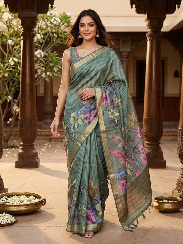 Sage green semi tussar saree with tropical floral print pallu and gold zari border