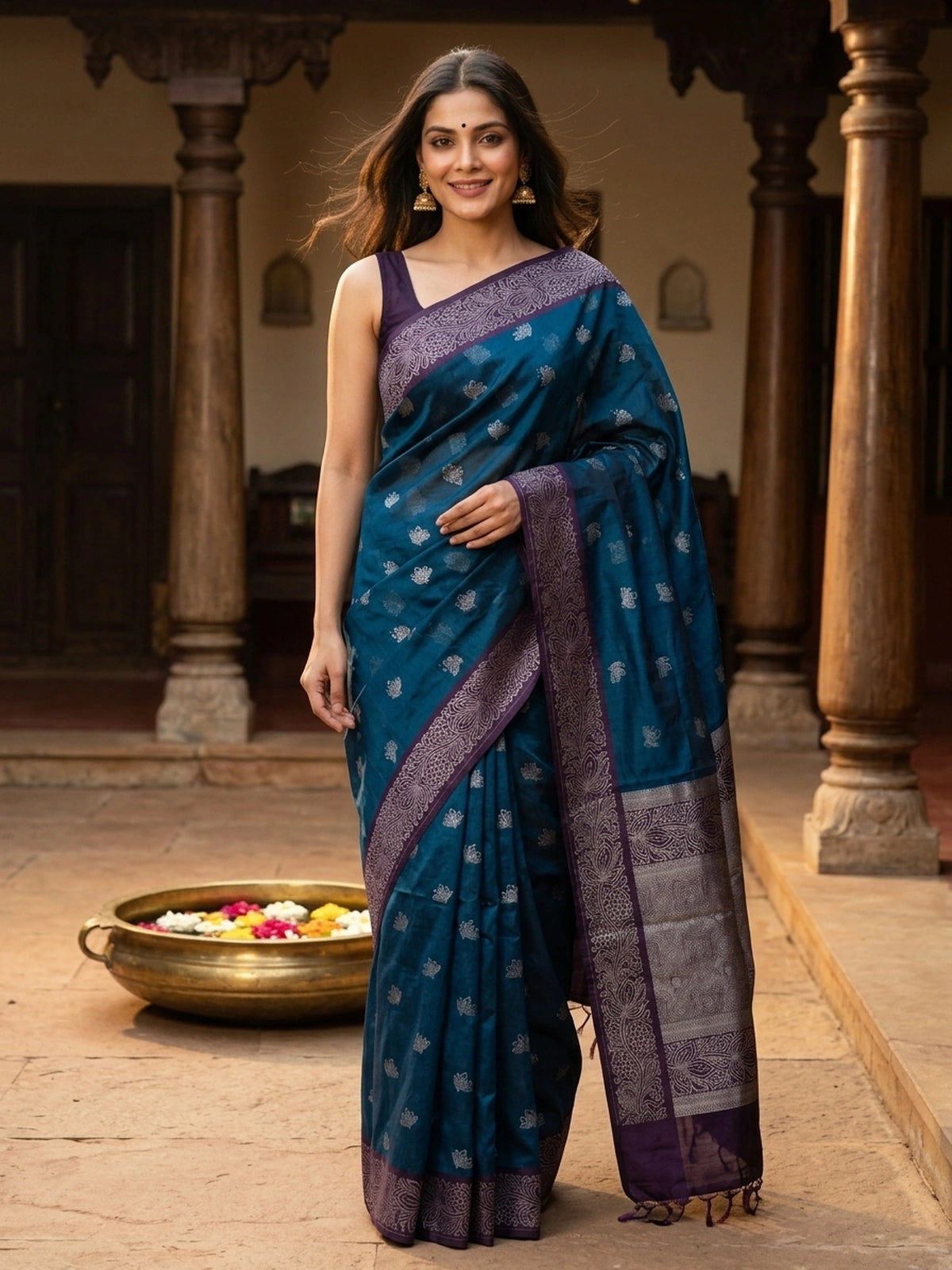 Peacock blue silk cotton saree with silver lotus buttas and contrast purple silver-woven border
