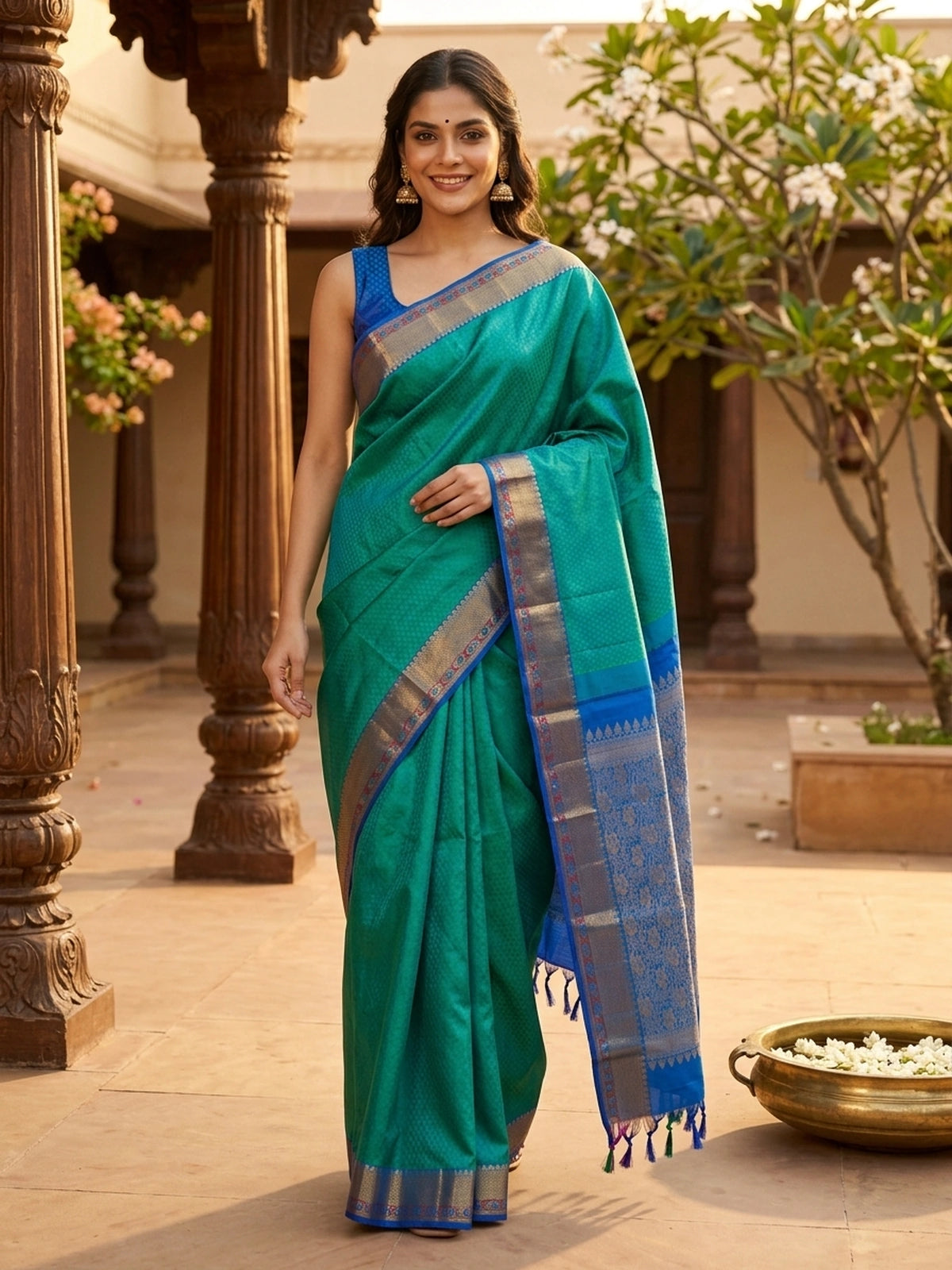 Teal Green and Blue Pure Kanchipuram Silk Saree