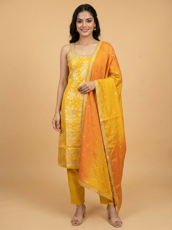 Mustard Yellow zari floral woven silk straight cut kurti set with orange dupatta
