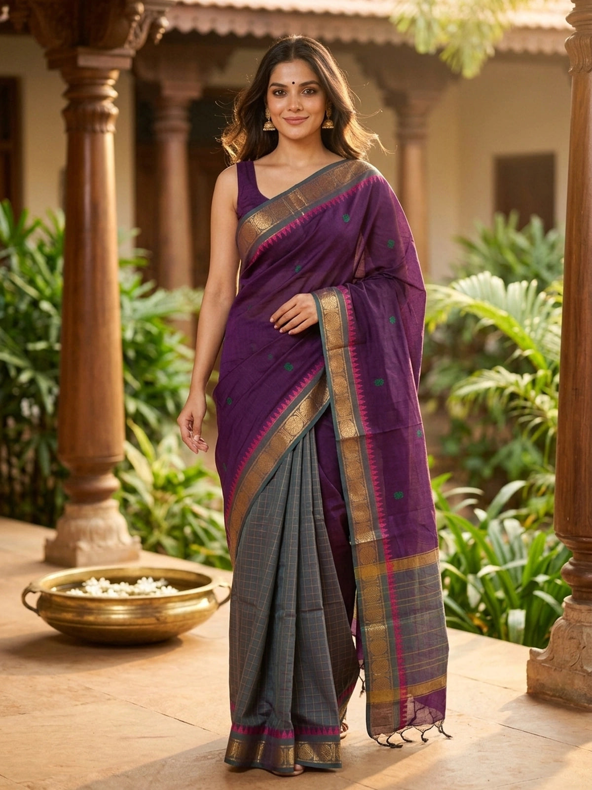 Purple and Teal Green Chettinad Cotton Saree