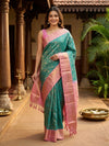 Teal Green and Pink Pure Kanchipuram Silk Saree
