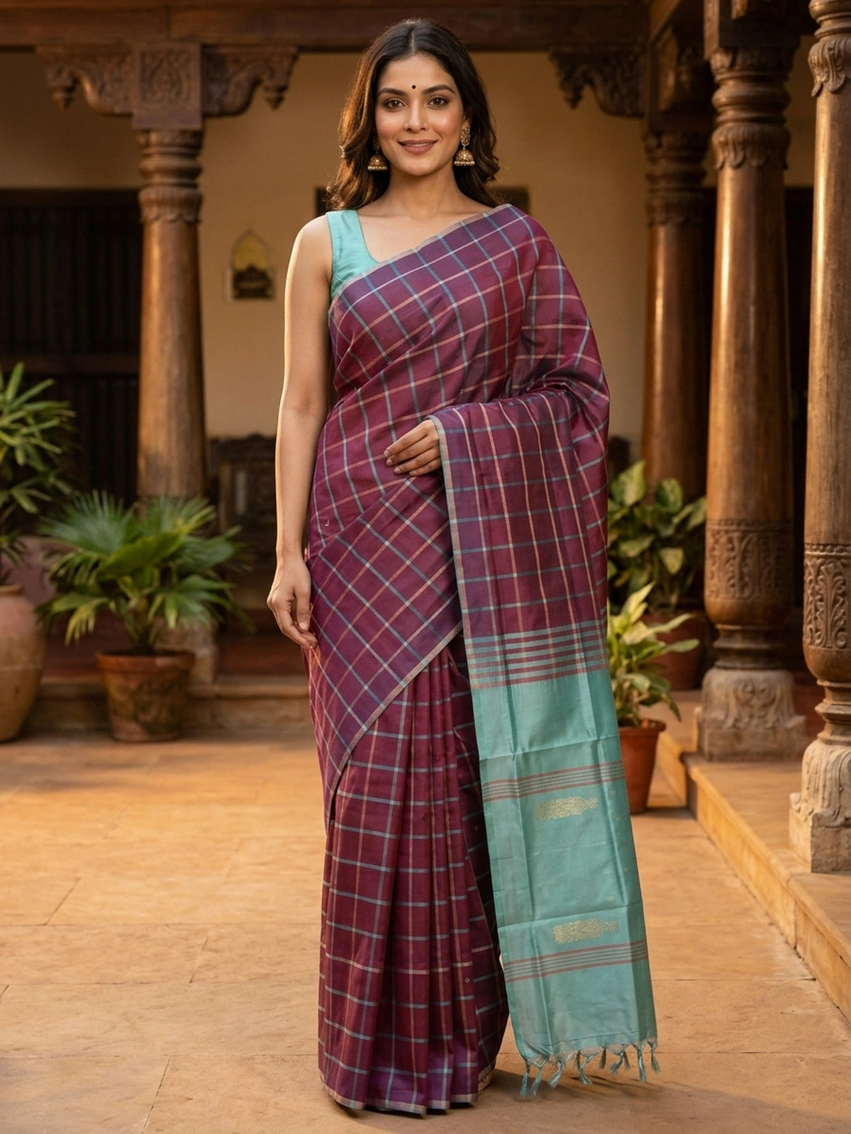 Wine Maroon and Sea Green Banana Silk Sarees