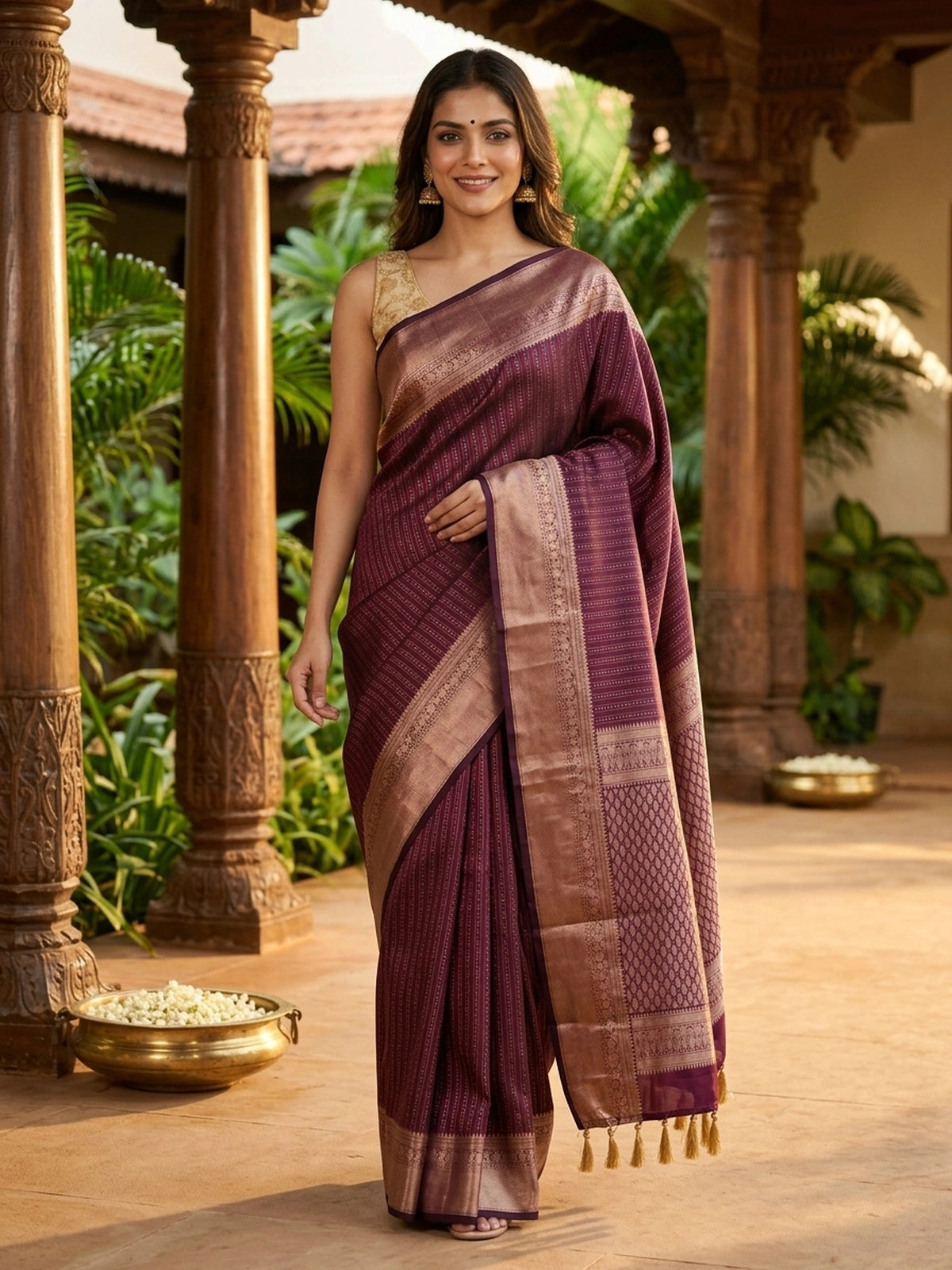 Wine Purple and Gold Pure Kanchipuram Silk Saree