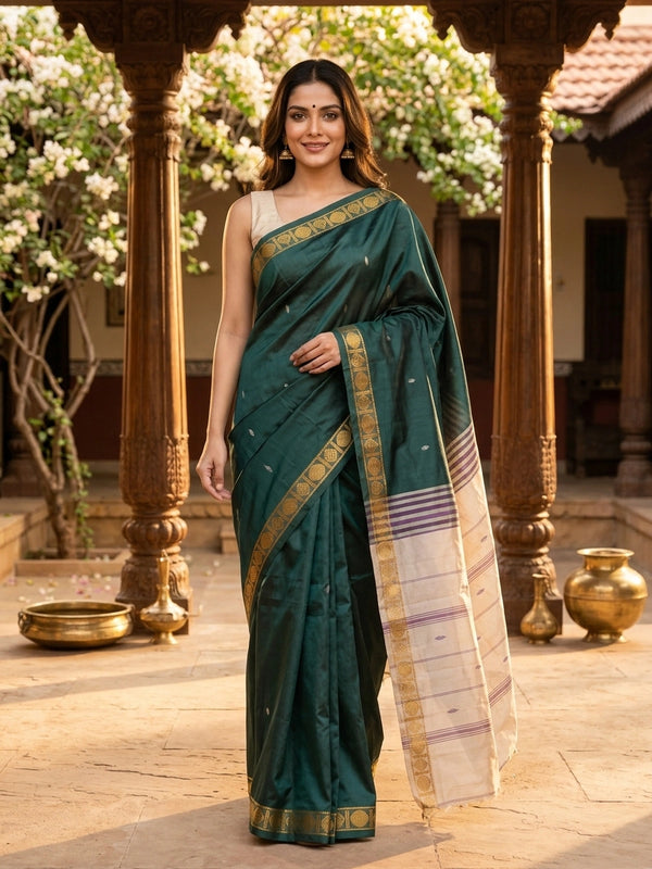 Bottle green banana silk saree with gold zari border and contrast cream striped pallu