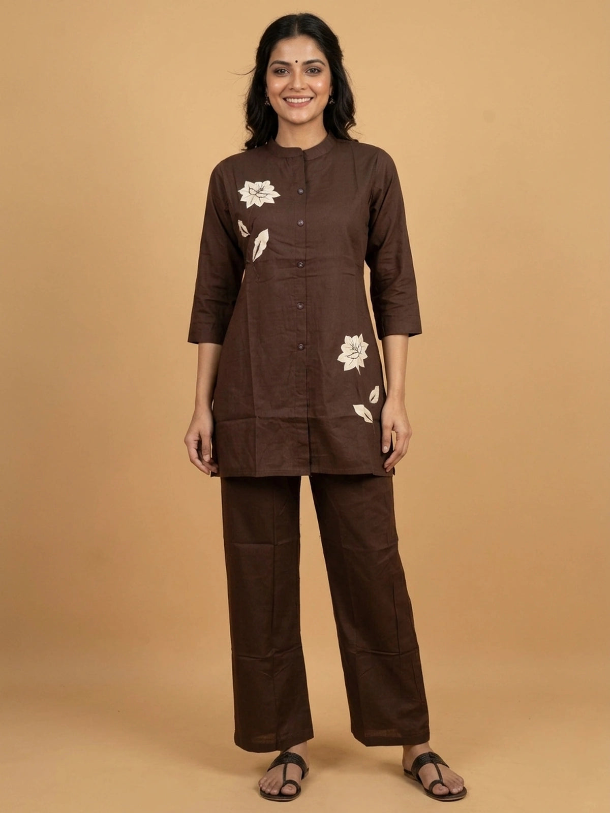 Brown floral applique cotton co-ord set with mandarin collar kurti and straight pants