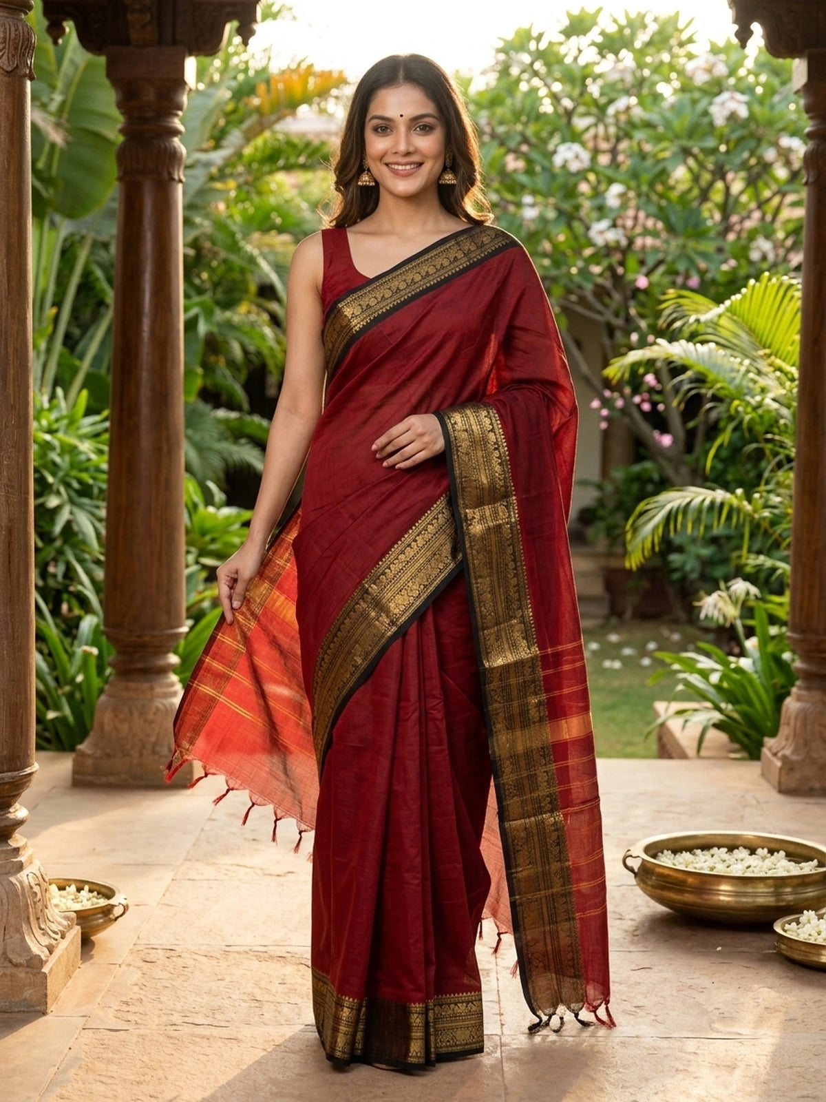 Maroon Chettinad cotton saree with black and gold zari contrast border