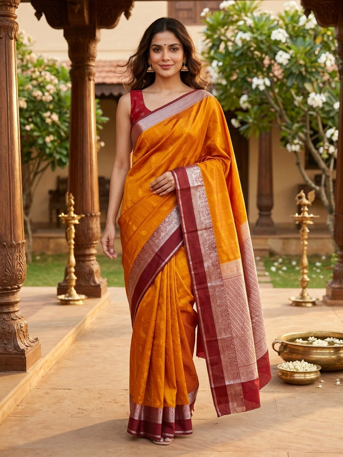 Mustard Orange and Maroon Semi Silk Saree