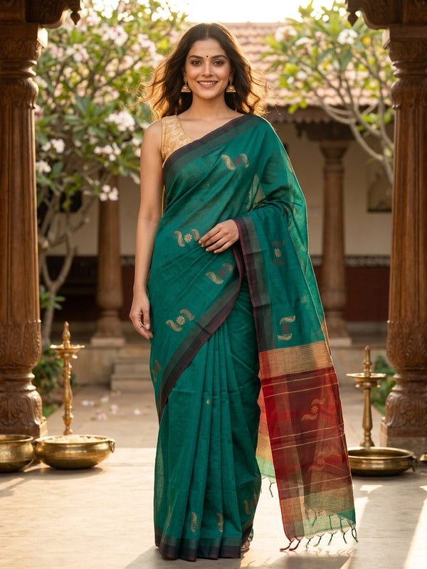 Teal green silk cotton saree with maroon gold zari border and paisley floral buttas
