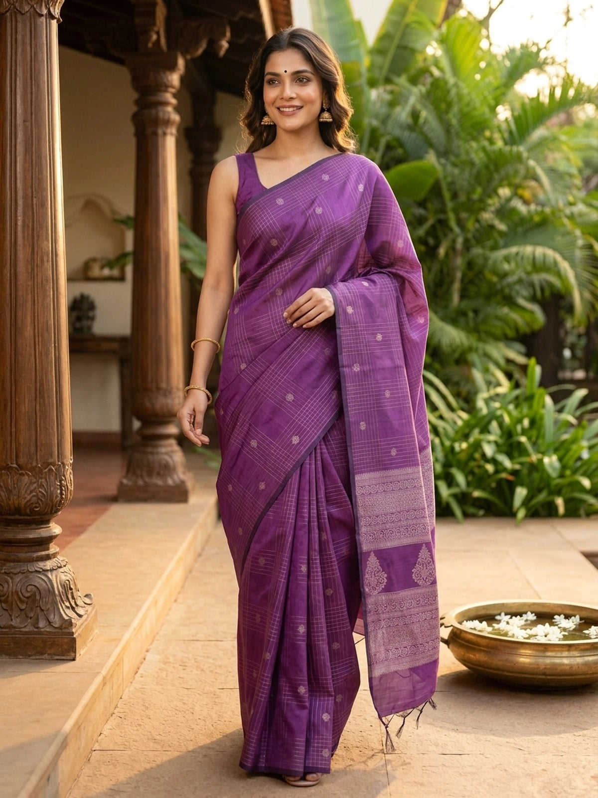 Purple silk cotton saree with silver zari checks, floral buttas and ornate woven border