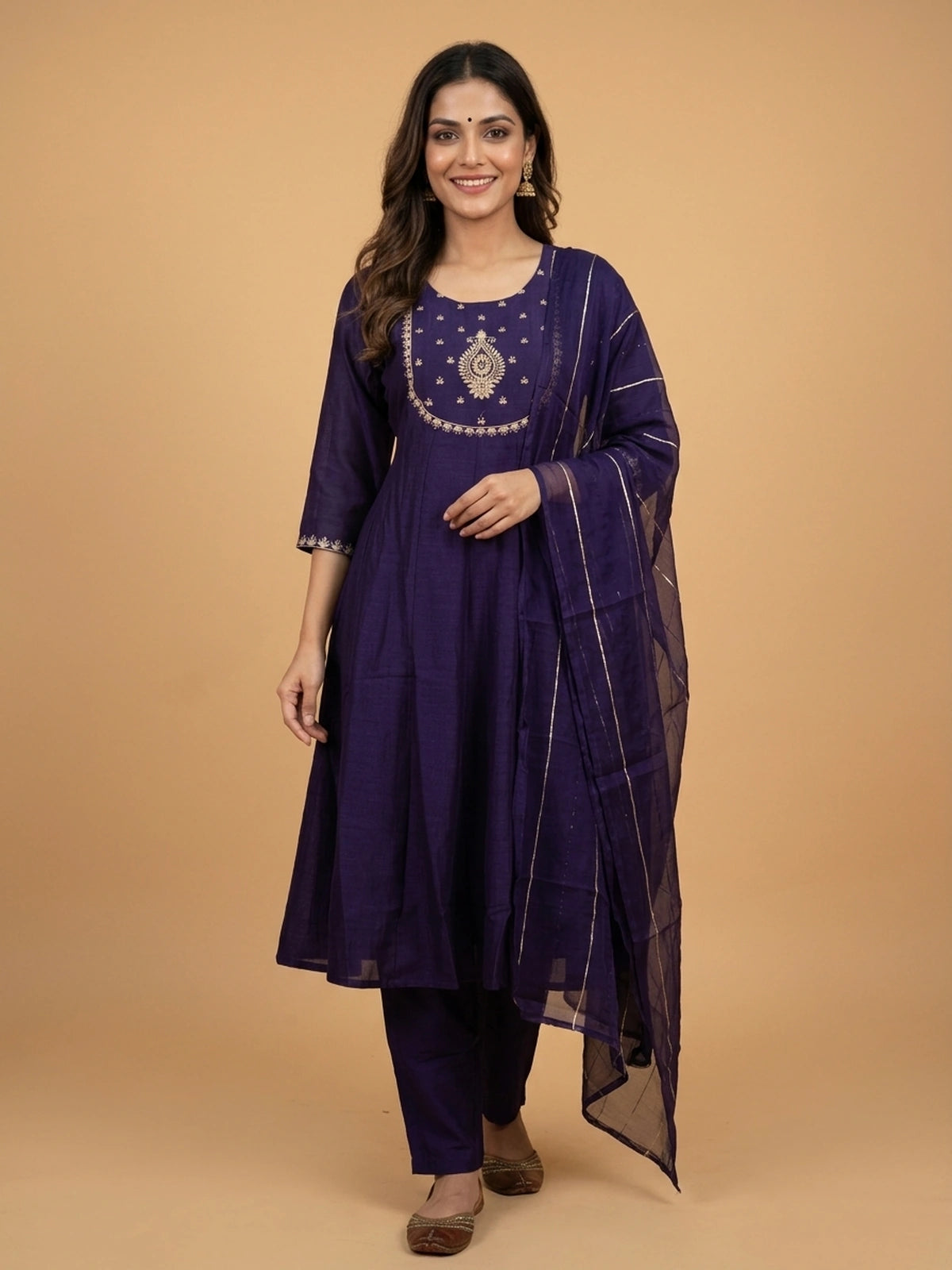 Purple cotton silk zari embroidered Anarkali kurti set with pants and dupatta