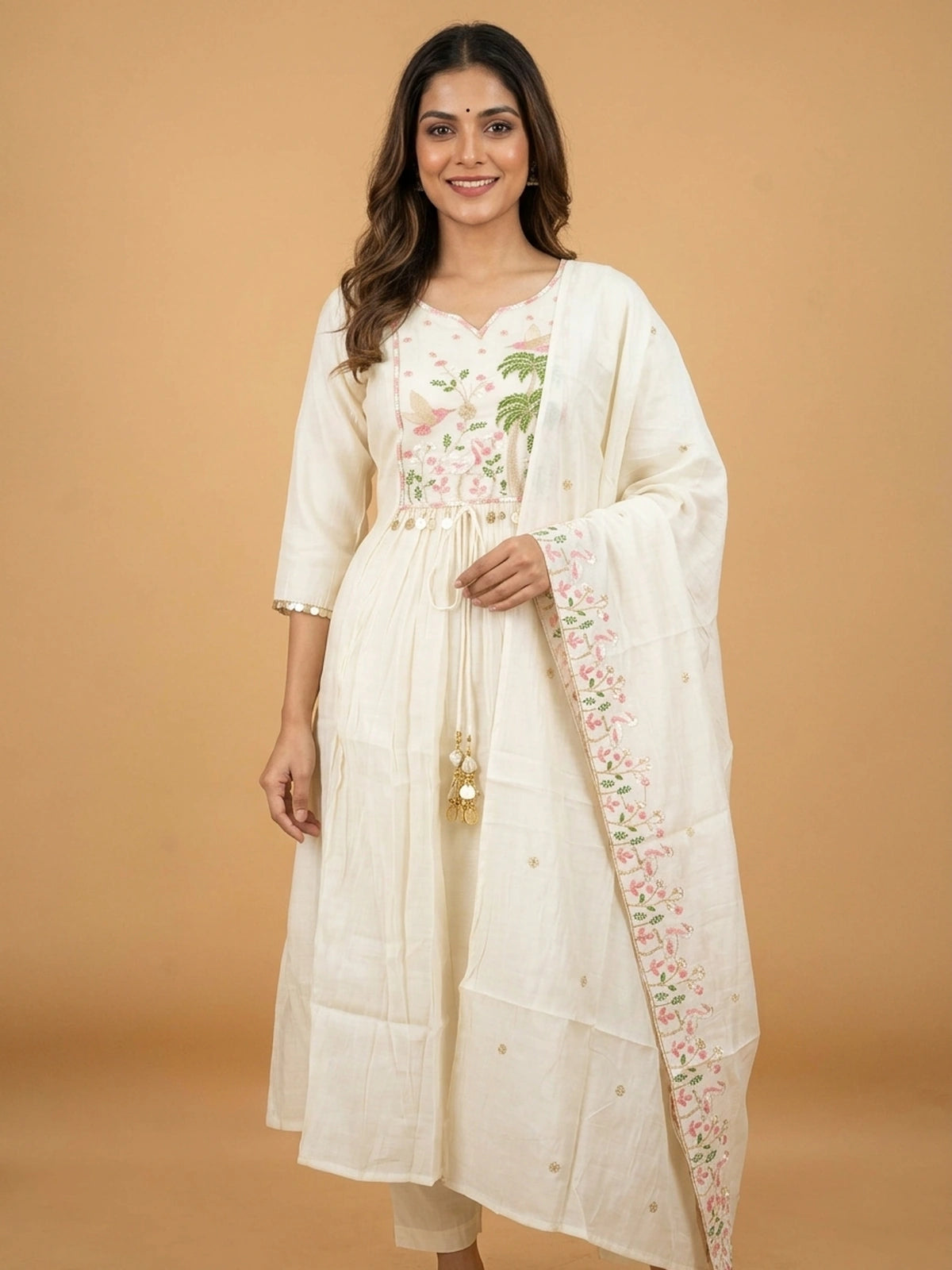 Off-White bird and palm embroidered cotton Anarkali kurti set with dupatta