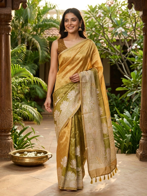 Mustard yellow and olive green Semi Tussar saree with white lotus-pond print and gold zari border