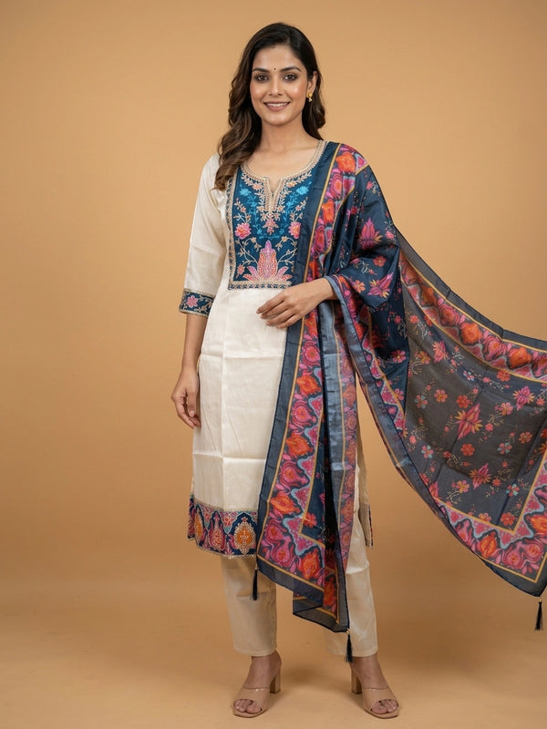 Cream art silk straight cut kurti set with teal floral embroidered yoke and printed dupatta