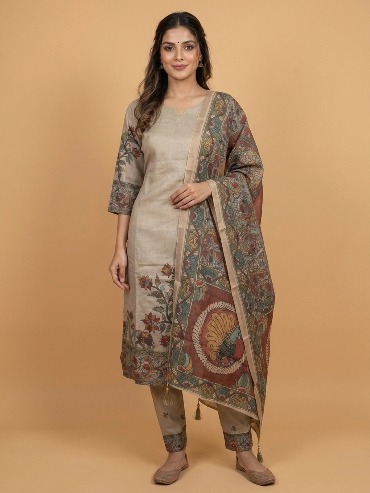 Beige Kalamkari printed cotton straight cut kurti set with multicolour peacock print dupatta