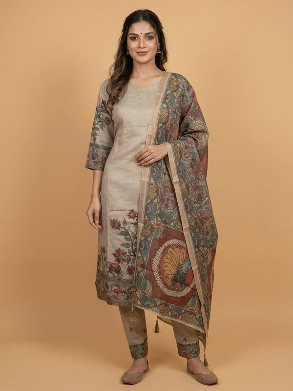 Beige Kalamkari printed cotton straight cut kurti set with multicolour peacock print dupatta