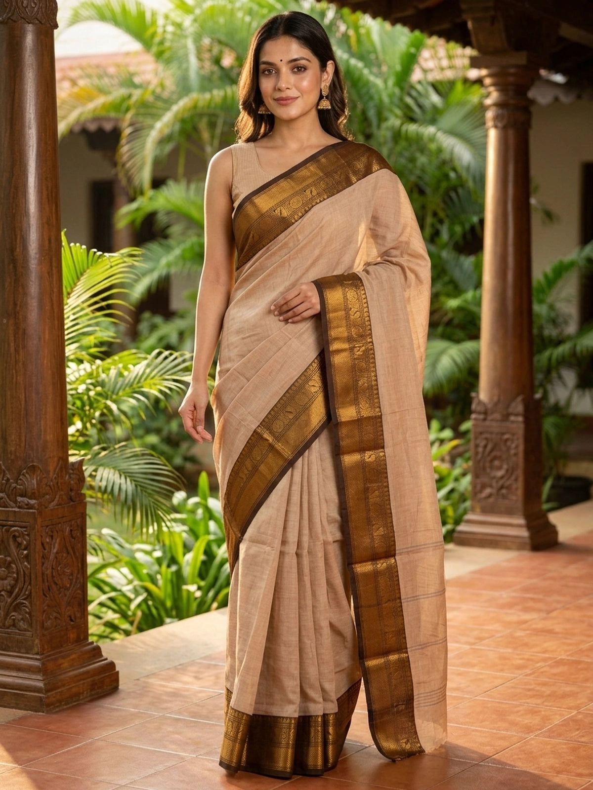 Beige Chettinad cotton saree with dark brown and gold zari peacock motif border