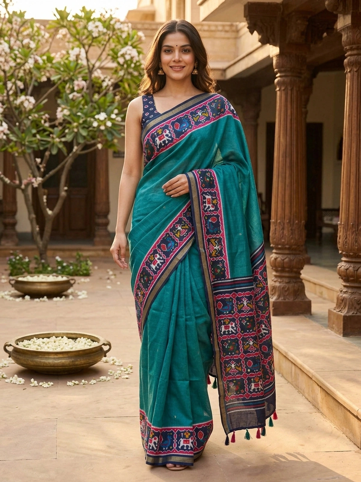Teal and Navy Designer Linen Cotton Saree