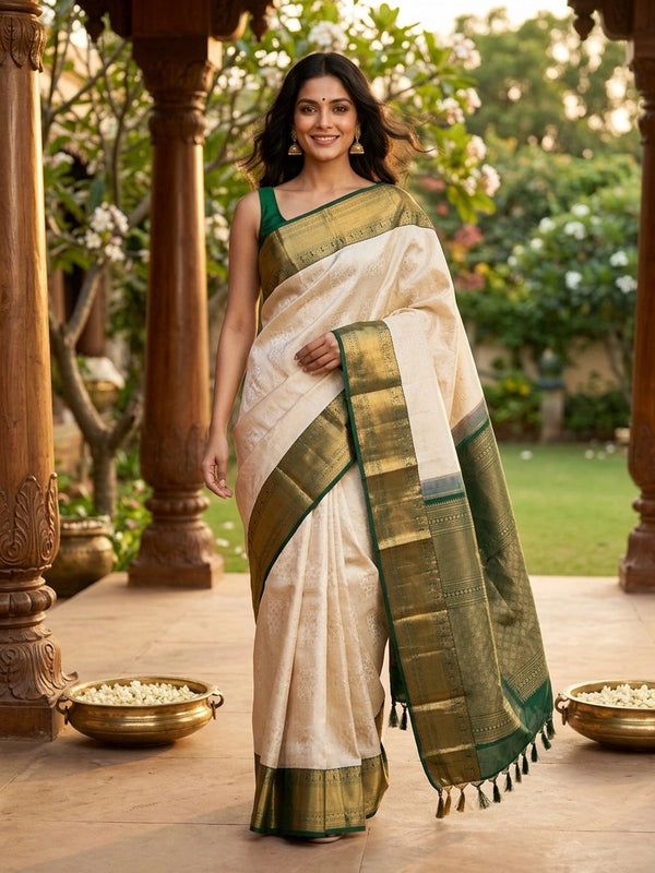 Cream pure Kanchipuram silk saree with gold zari brocade body and contrast dark green and gold border and pallu