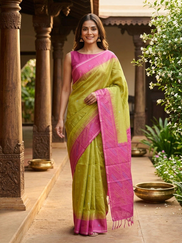 Lime green Dola silk saree with pink contrast border, zari checks and bandhani-inspired pallu