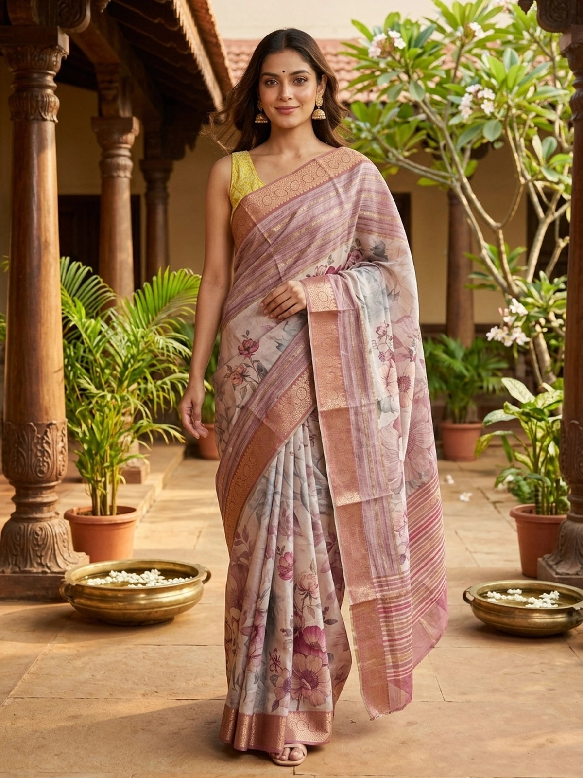 Cream and mauve floral semi tussar saree with gold zari contrast border and printed pallu