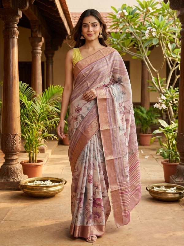 Cream and mauve floral semi tussar saree with gold zari contrast border and printed pallu